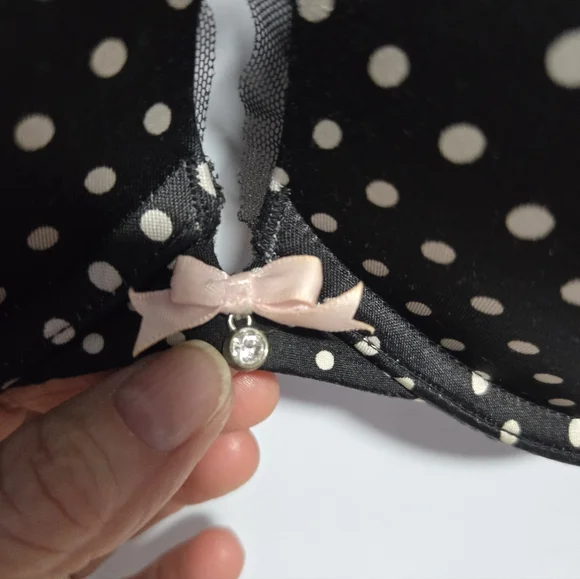 Victoria's Secret Black and White Polka Dot Bra, faux diamond, lace. - Picture 3 of 6